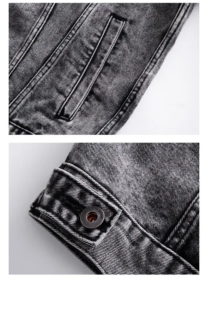 Verwaschene Schwarze Acid-Wash Denim Trucker Jacke für Herren Vintage Ausgewaschener Jeans-Mantel Übergroße Urban Streetwear Oberbekleidung Denim-Top Hip Hop – Detail 6