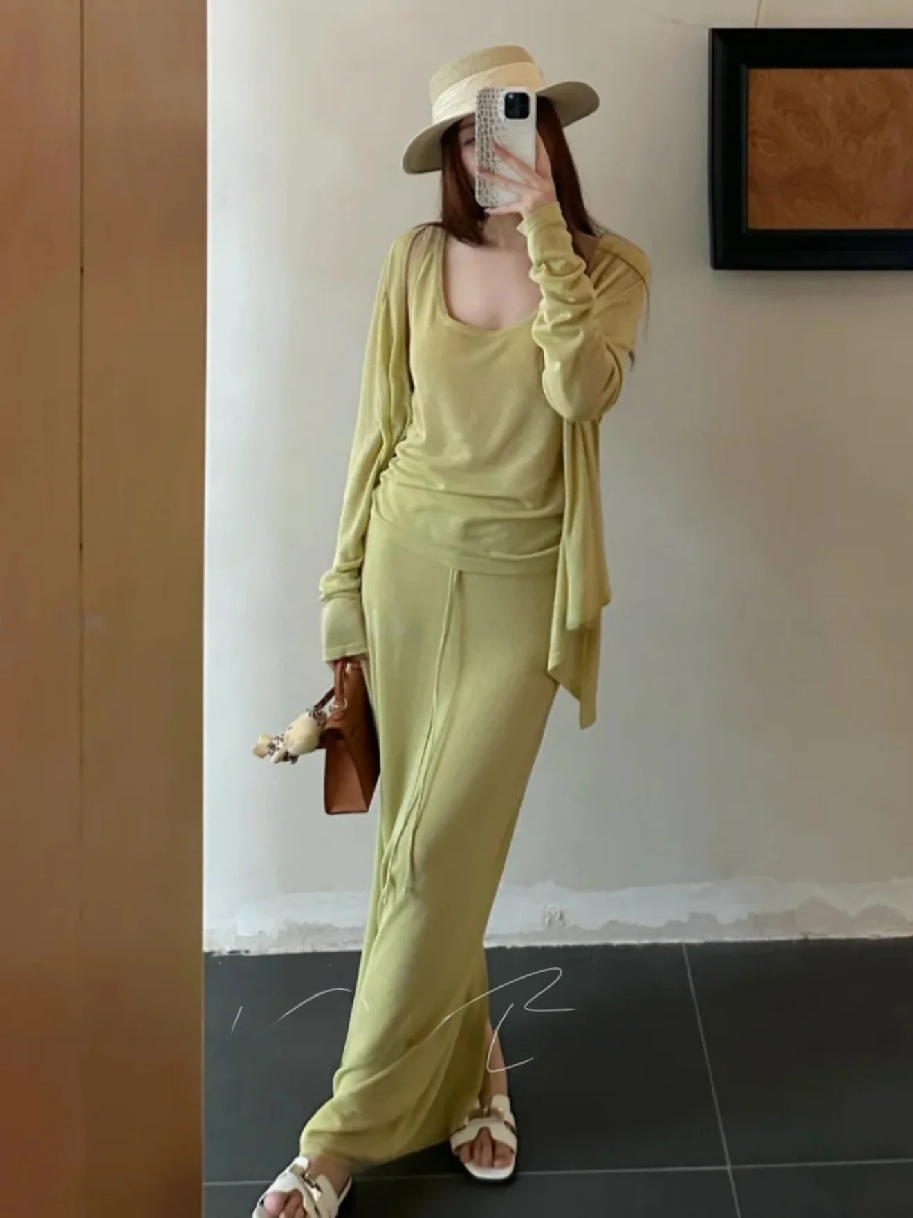 

Loose Feeling Three-Piece Set Women's Long Sleeve Open Cardigan Skirt Spring Season High Waist Walking Outfit Korean Style