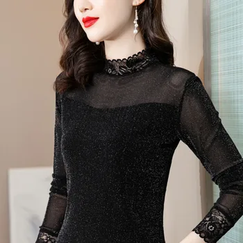 #1638 블랙 블루 메쉬 티셔츠, 얇은 섹시 터틀넥 티셔츠, 긴 소매 타이트 탄성 티셔츠, 우아한 사무실 