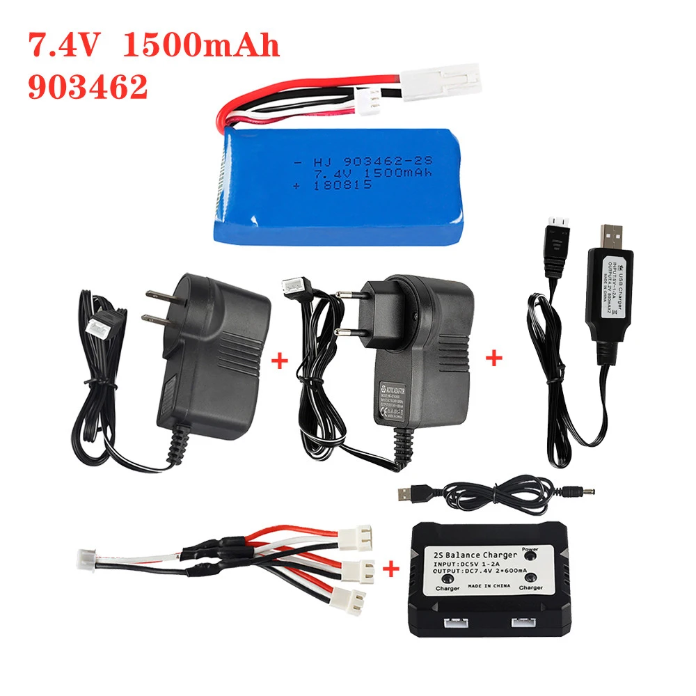 

7.4V 1500mAh Lipo Battery 903462 EL-2P Plug With USB Charger 3in1 Cable Set For FT009 RC Boat 12428 Lipo Battery RC Toy Battery