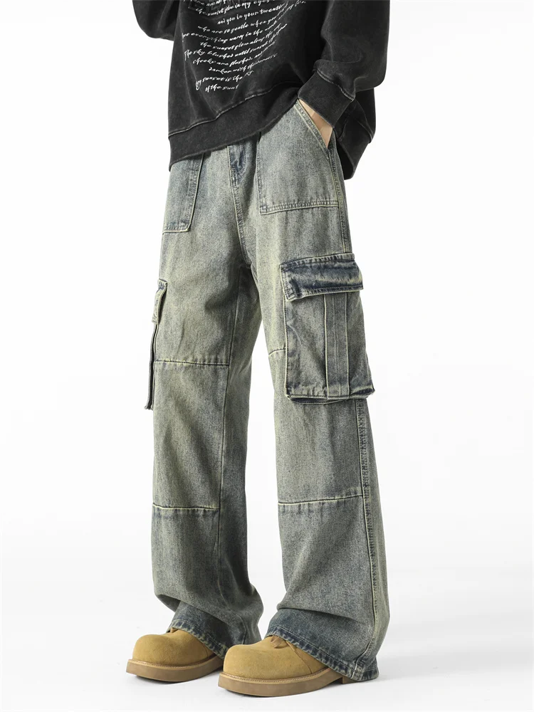 

Мужские джинсы в американском винтажном стиле, свободного кроя, с эффектом потертости, функциональные, с множеством карманов, для работы и повседневной носки, длинные брюки