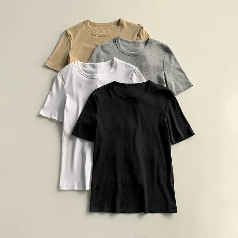 Niche Round Neck Elastic Slim Threaded T-shirt Organic Cotton Soft Elastic  Tops for Women