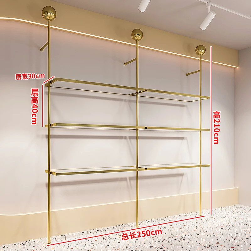 CustomRetail Commercial Clothing Store Clothes Shop Shelf Clothing Stands Wall Mount Boutique 3 Layers Gold Shoe Display Racks