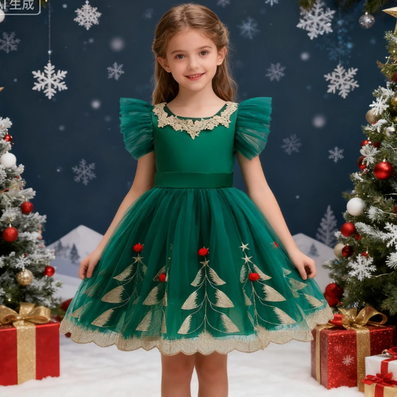 2025 Weihnachtskleid für Mädchen, Tüll, Weihnachtsbaum, Stickerei, Prinzessinnenkleid, Party, Performance, Kostüm, Heiligabend-Kleidung