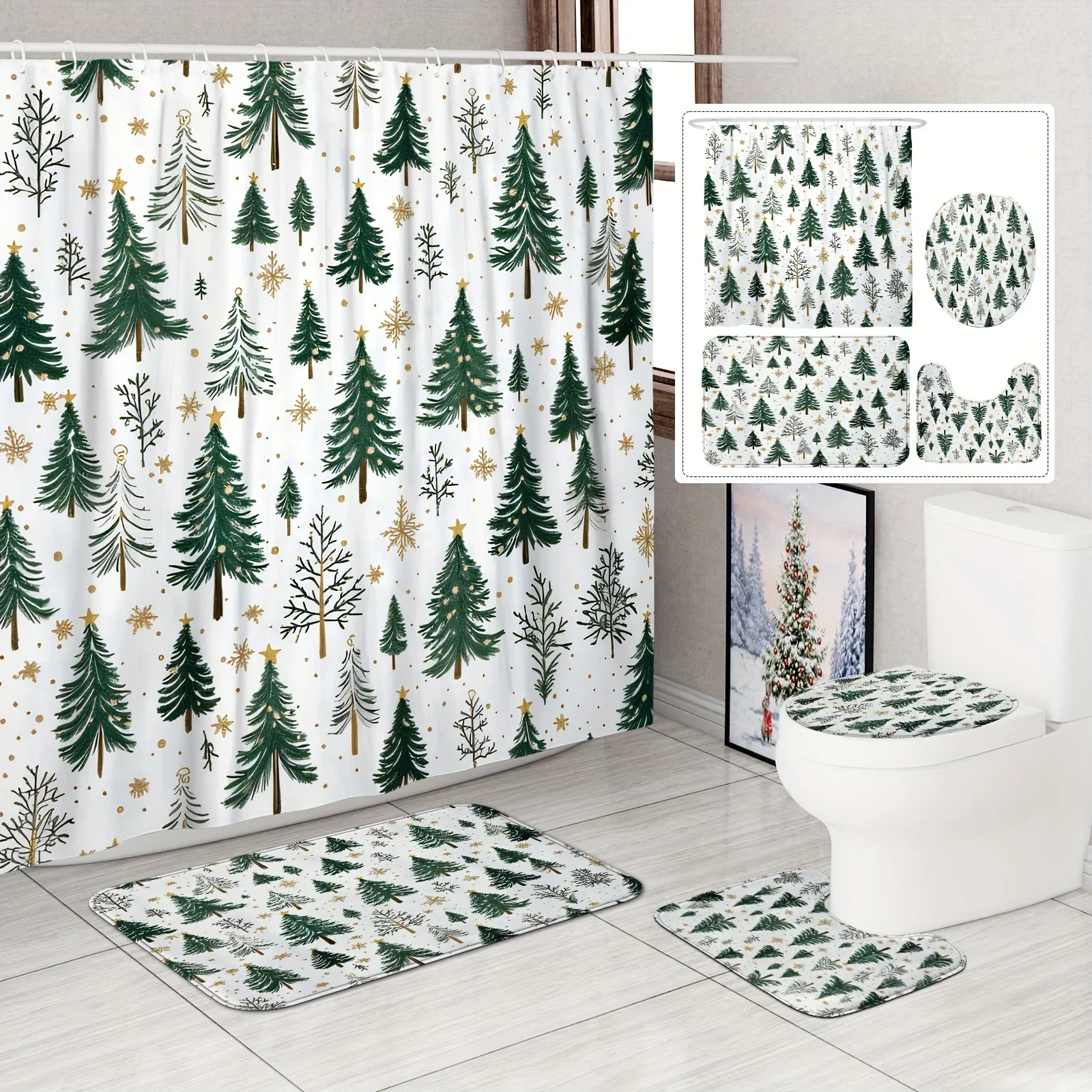 Christmas Tree Snowflake Shower Curtain Set with Non-Slip Bath Mat, U-Shaped Toilet Seat and Carpet - Waterproof Bathroom Decor