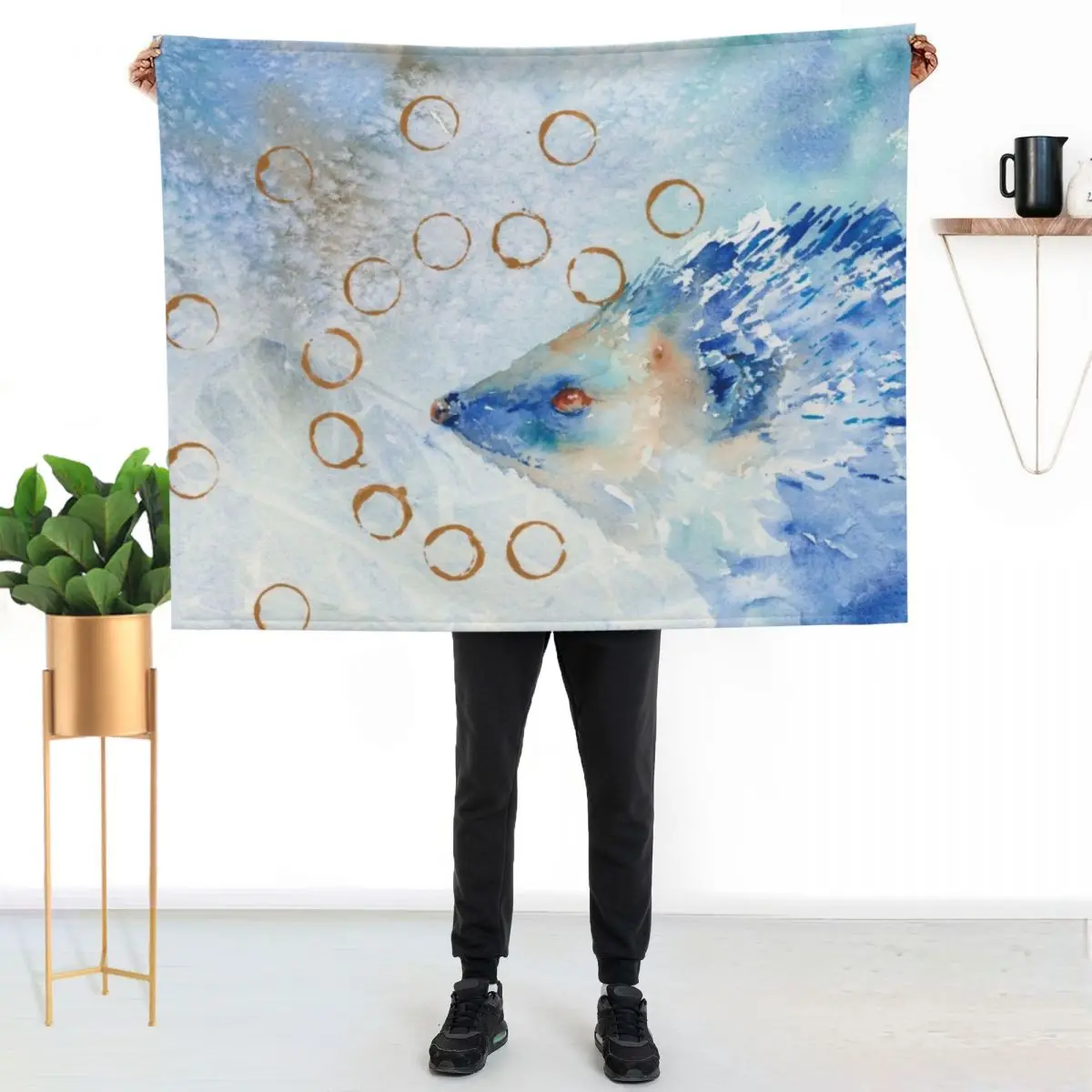 Blue Hedgehog with Gold Rings Watercolor Painting Throw Blanket Travel Weighted For Baby Designers Blankets