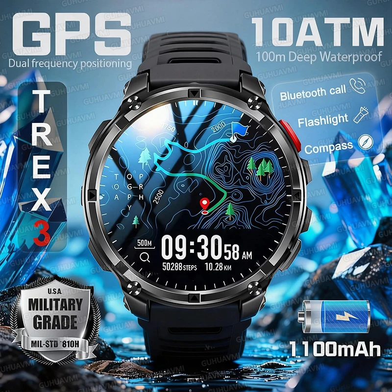 

T-Rex3 Pro Military 1100mAh Extra-Large Battery Smart Watch with GPS Compass Rugged Clock Men Outdoor Sport Fitness Swim Watches