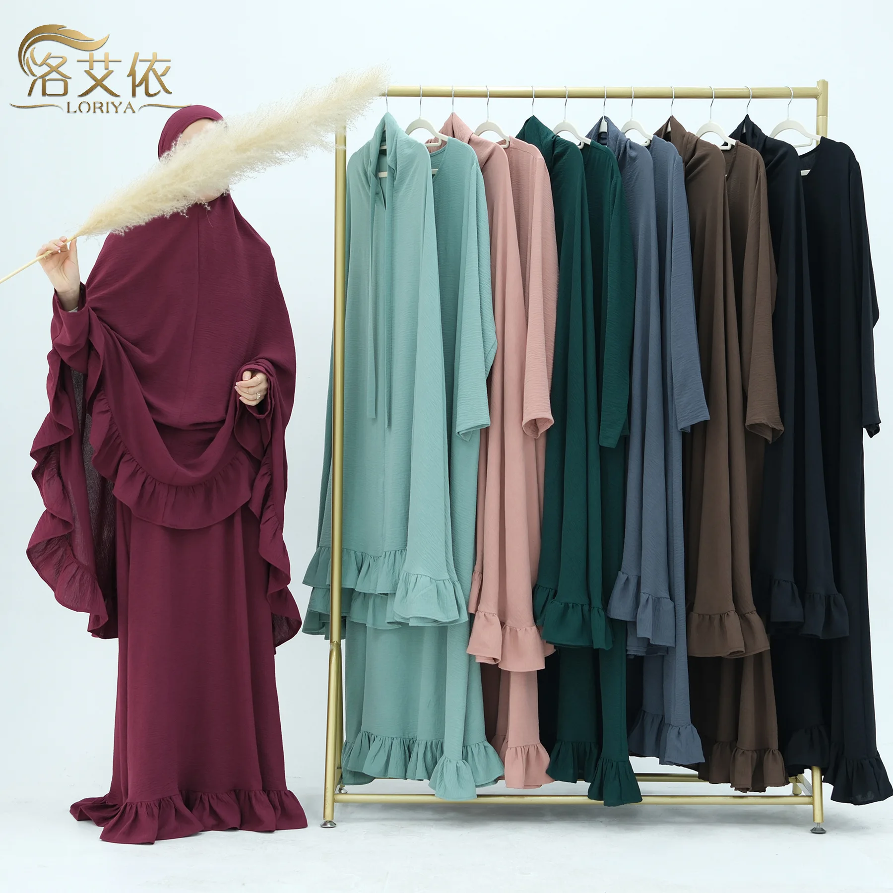 

Muslim Women Middle East Dubai Turkey Solid Color Dress Long Loose Maxi Abaya Robe with Hijab