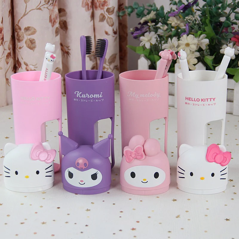 Kawaii Hello Kitty Toothbrush Cup Set Anime Kuromi My Melody Portable Travel Toothbrush Storage Box Set Cute Children'S Gift