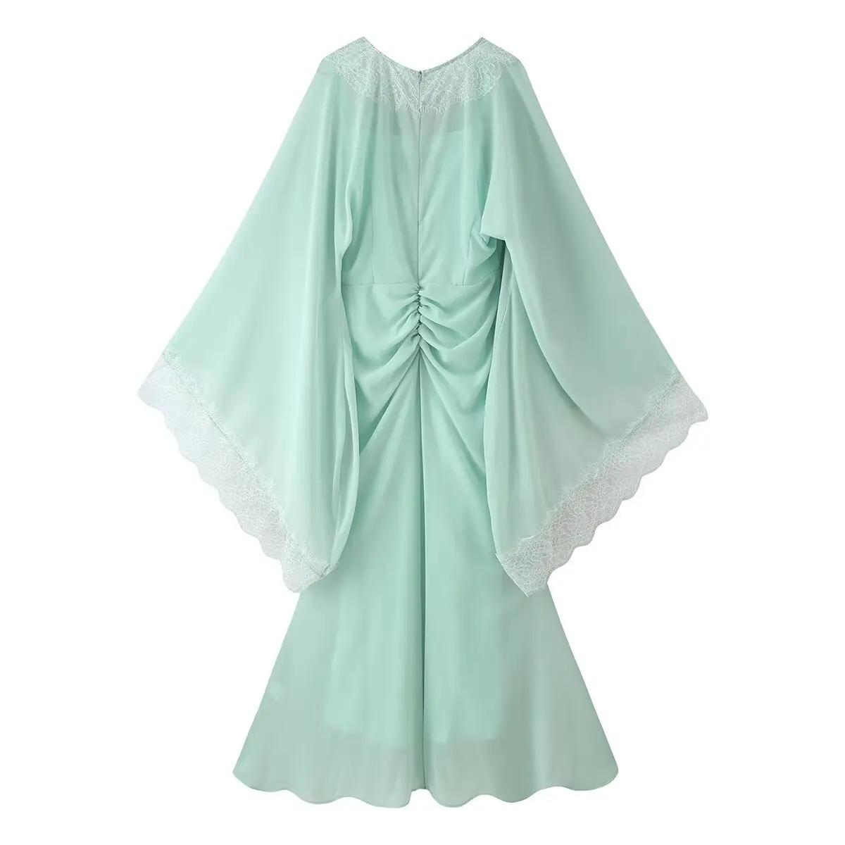 Zartes Grünes Spitzenkleid mit V-Ausschnitt, Maxi-Länge, Schicke Weite Ärmel, Plissiert, Schlanke Passform, Mehrschichtiges Abendkleid, Hochzeitsgast-Robe 2026 – Detail 5