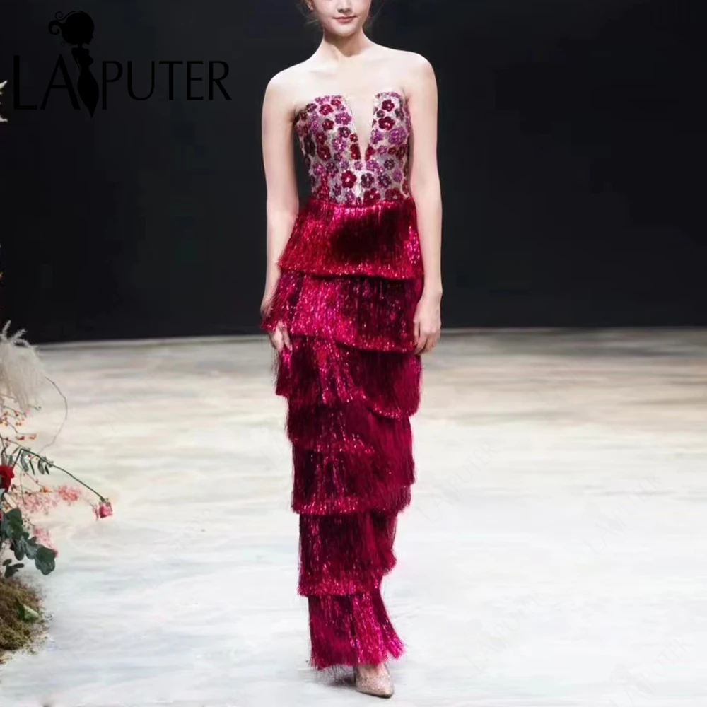 Fuschia Sequin Long Prom Dresses Sheath Tassels Skirt Layers Tiered Evening Gown Pearls Off Shoulder Lady Celebrity Party Dress