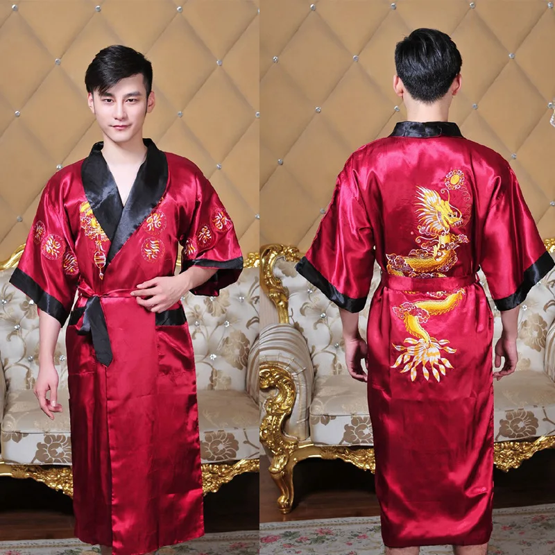 Kimono Bathrobe Gown Home Clothing Two-Sided Embroidery Dragon Robe Traditional Male Sleepwear Loose Nightwear