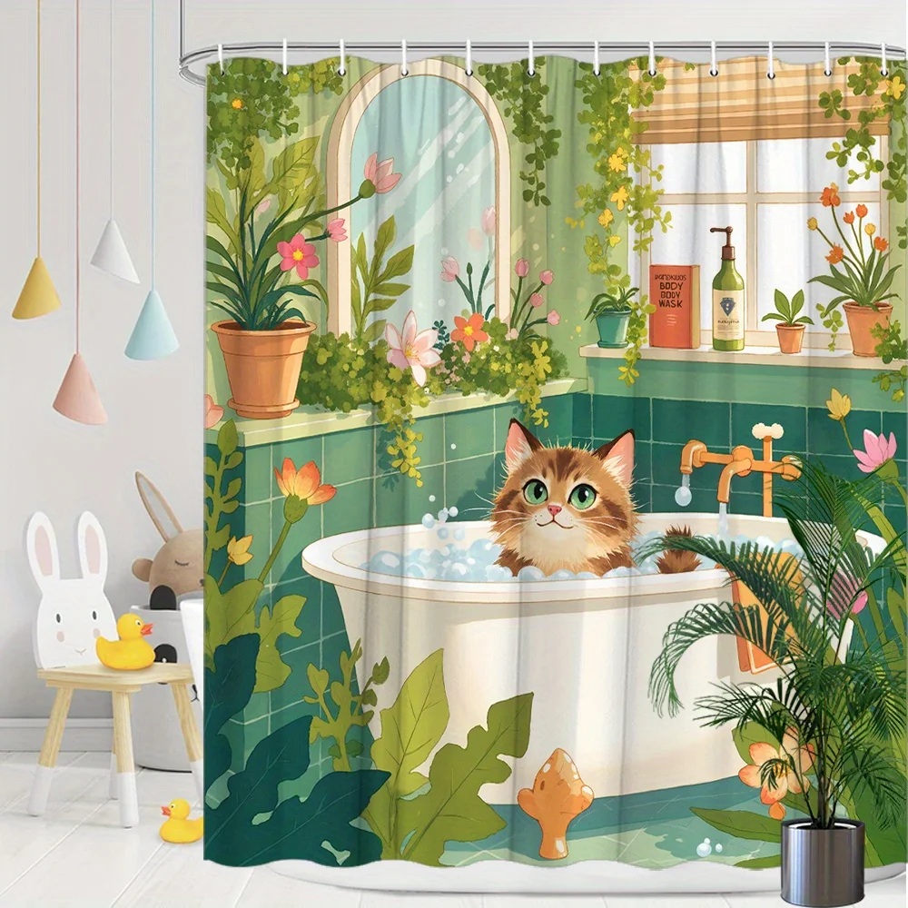 Comfortable Bathroom Shower Curtain With Pattern Of Naughty Tabby Cat In Bathtub For Bathtub Shower Curtain With Hooks