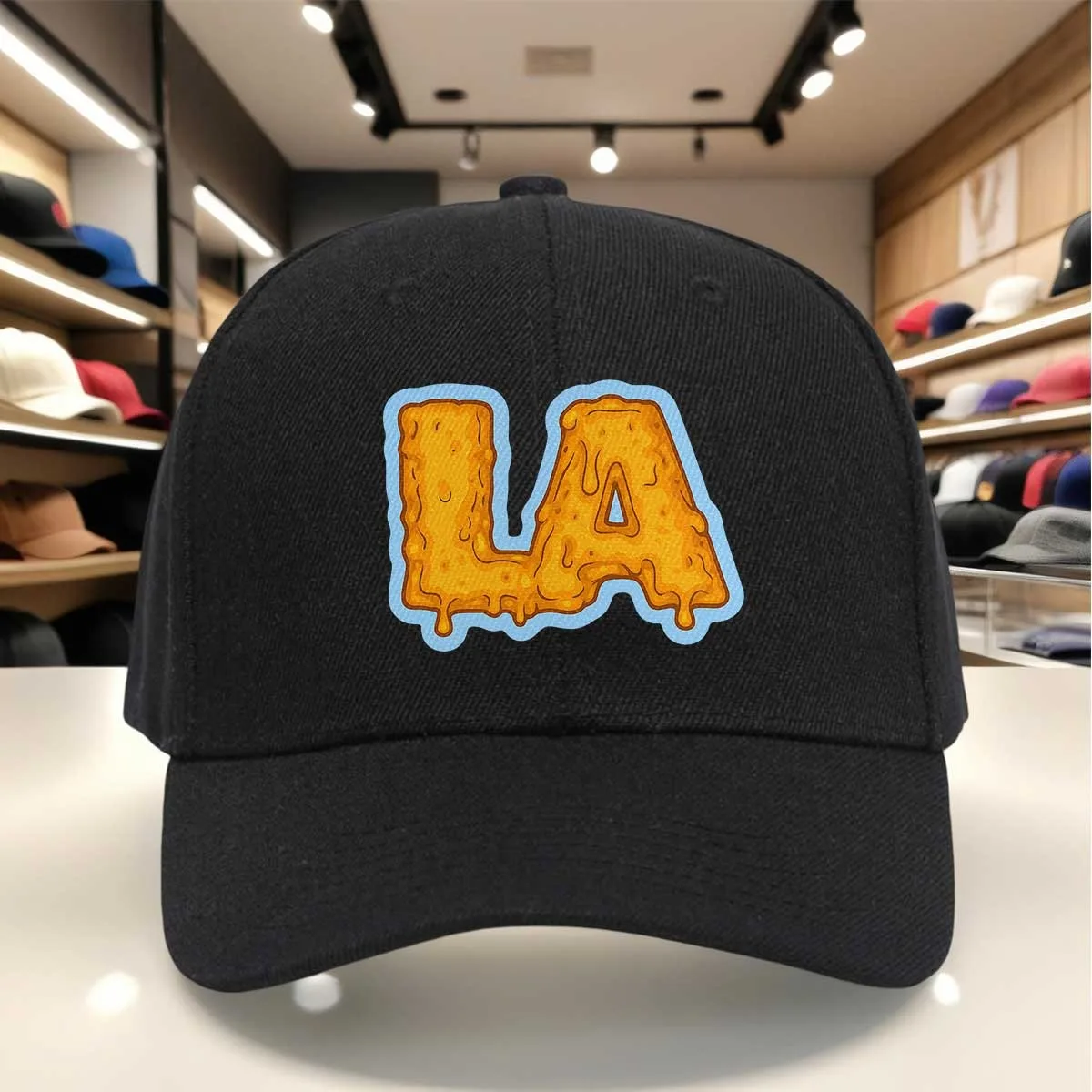 LA Cheesy Melt Design Baseball Cap, Orange Cheese Print with Blue Border, Casual Trendy Hat, Fashionable Adjustable Headwear for