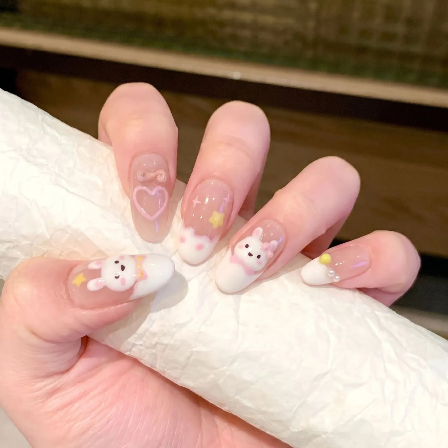 10pcs Cute Rabbit Press On Nails Pink Cartoon DIY Hand Painted Bowknot Rabbit Cream Nude Oval Wearable False Nails for Girls