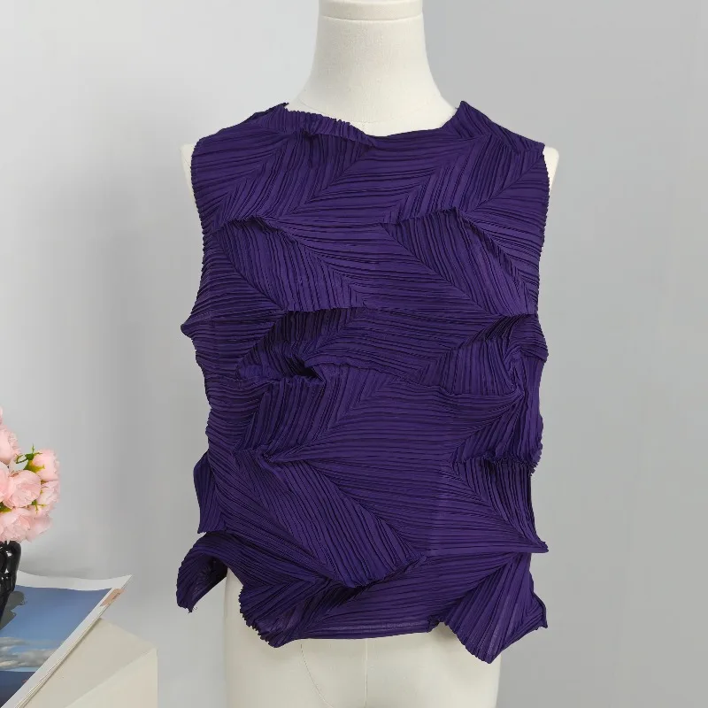 Miyake Pleated T-Shirt Plisse Classic Solid Color Sleeveless Pleats Top 2026 Summer New Loose Casual Personality Fold Vest