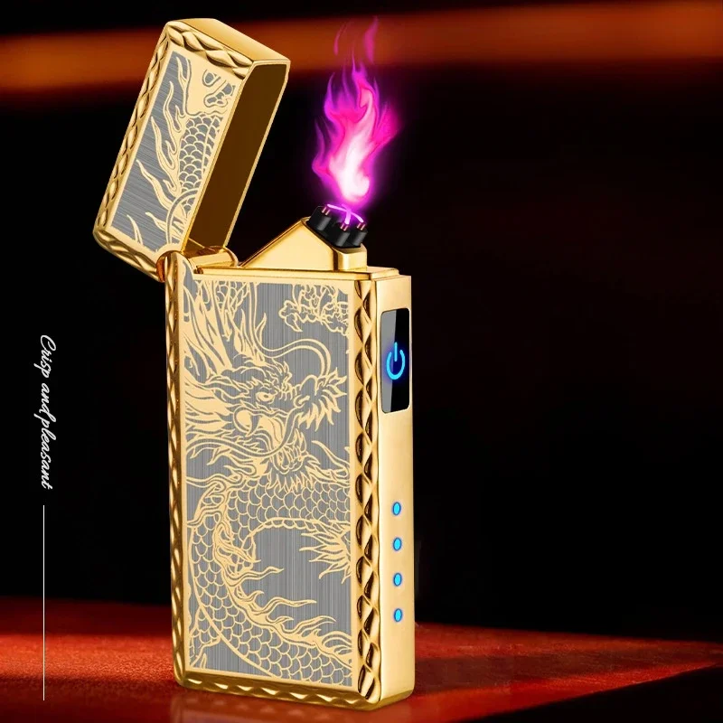 

Ветрозащитная металлическая электрическая зажигалка с двойной дугой, USB-зарядка, сенсорный датчик, дисплей яркости, зажигалка для сигар, мужской подарок