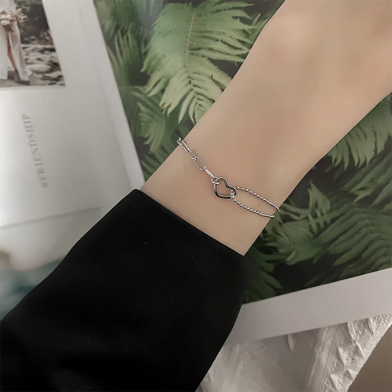 925 Sterling Silber Doppel-Liebesherz Hohle Runde Perlen Armband Damen Mode Romantischer Schmuck Klassisch Verstellbar – Detail 28