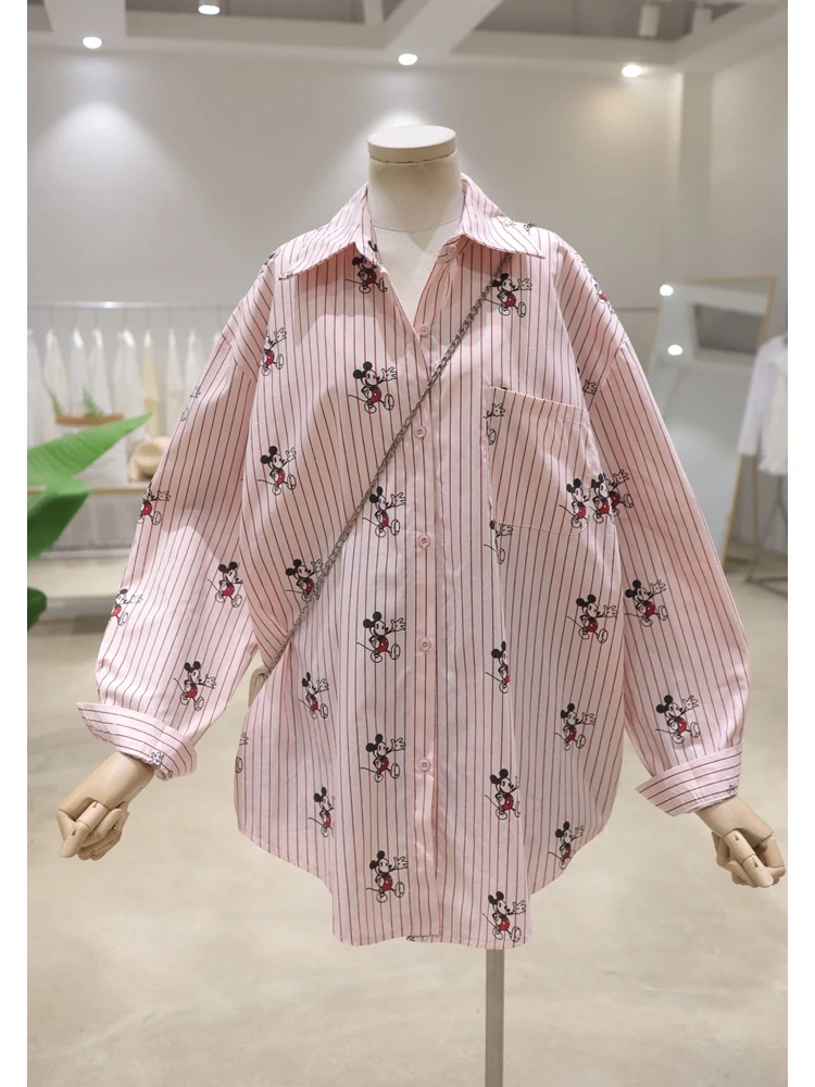 Korean Style Top Striped Full Body Cartoon 2024 Spring Loose Mid-Length Below The Hip Cotton Long Sleeved Shirt Female