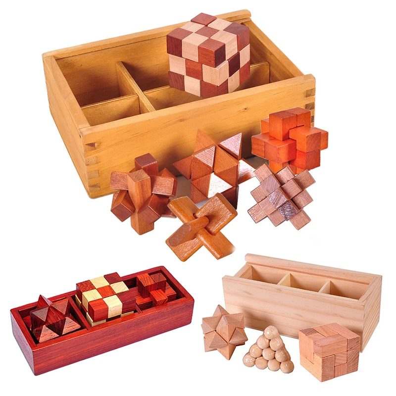 Wooden Unlock Toys Set with Box 3D Puzzles Game Kong Ming Lu Ban Lock Kids Adult IQ Brain Teaser Educational Toy Children Gifts