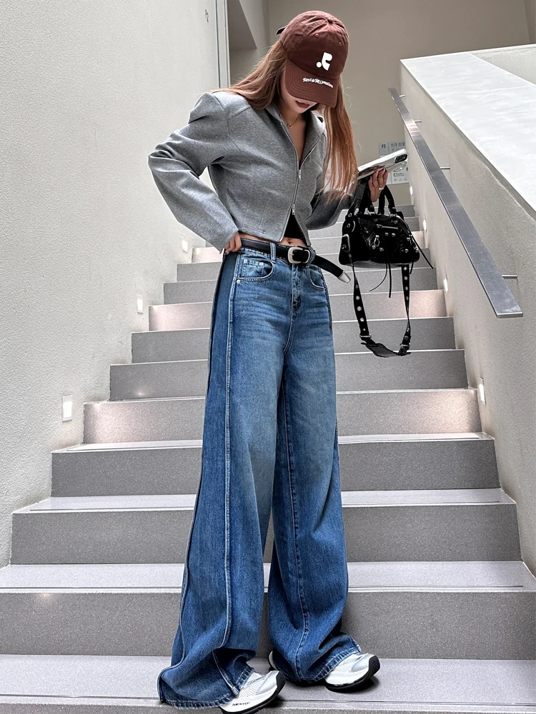 

Широкие джинсы с высокой талией в стиле ретро, женские свободные джинсы длиной до пола, утягивающие длинные брюки с талией, осенний сезон, синие