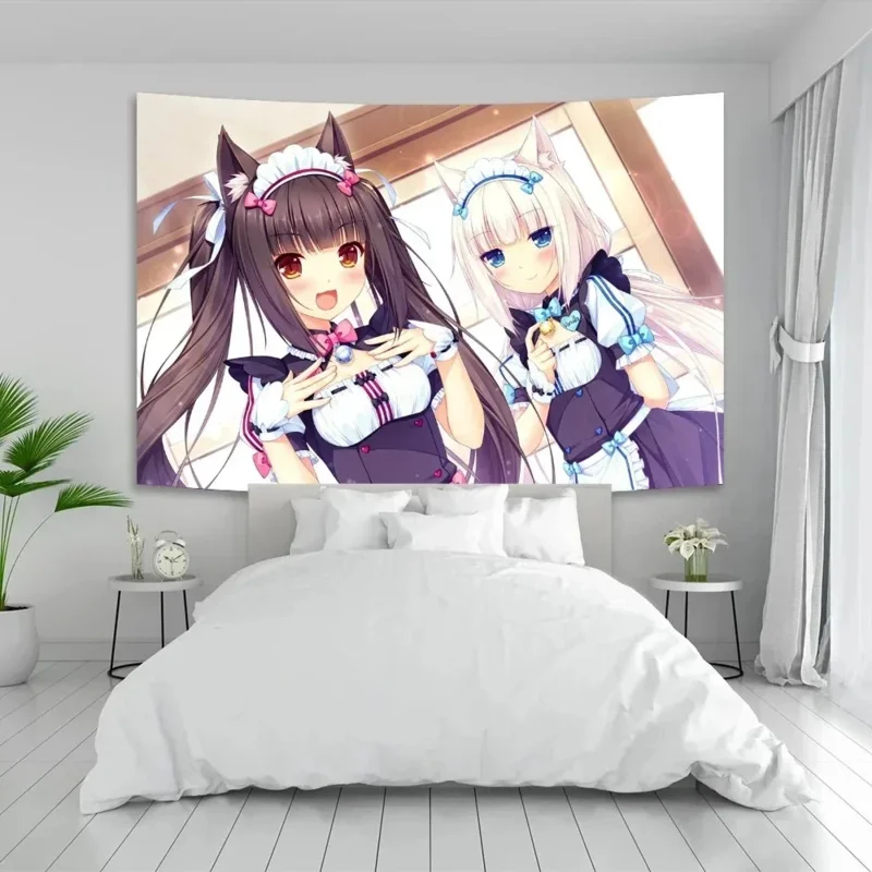 Chic Pink Room Banner Nekopara Vanilla Anime Tapestry Cute Cat Girls Wall Hanging for Bedroom Dorm Living Room Decor Aesthetic
