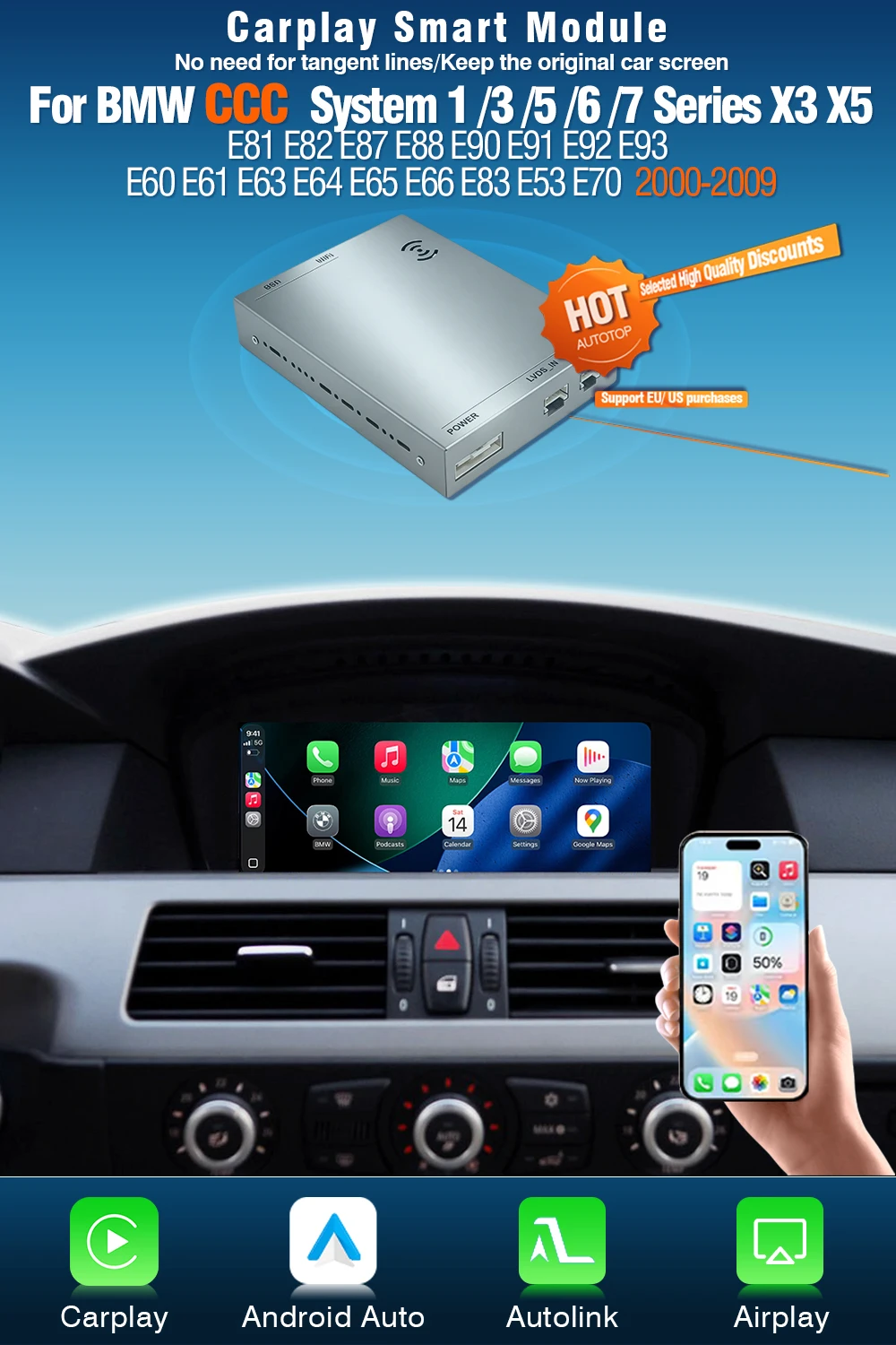 AUTOTOP Nachrüst-CarPlay-Decoder Android Auto für BMW CCC CIC NBT 1 2 3 4 5 6 7 Serie X5 X6 E60 E61 E62 E63 E70 E90 E91 E87 E88 – Detail 1
