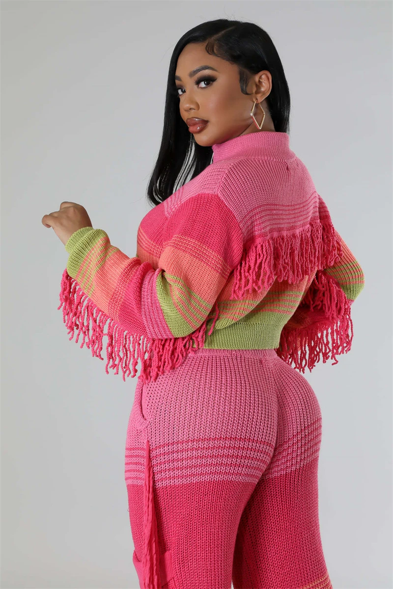 Colorblock Knitted 2 Piece Sets Women Outfit Fall Clothes 2024 Women Tassel Sweater Top and Pant Sets Casual Knitting Woman Sets