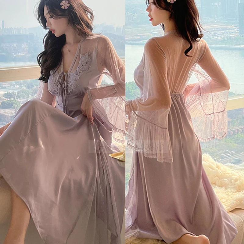 Sexy Perspective Lace Long Nightgown Wedding Morning Robe Palace Style Nightdress Sleepwear Women Loose Satin Home Dressing Gown