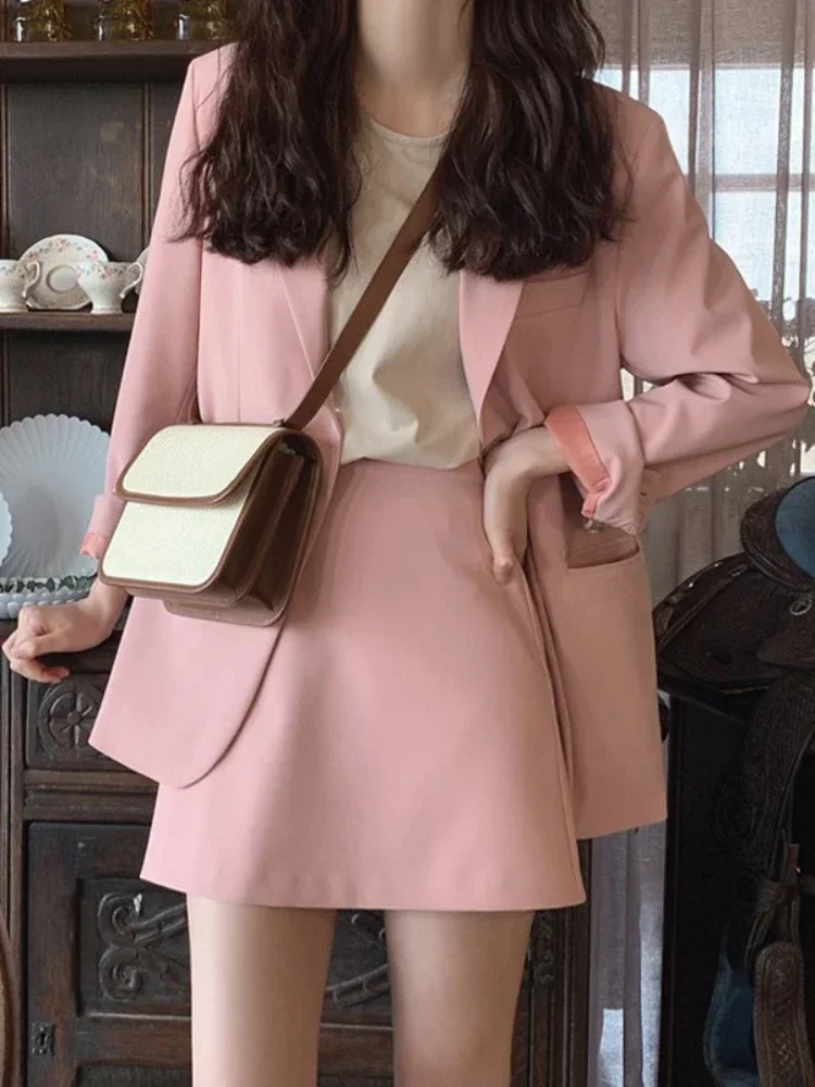 Ensemble deux pièces pour femme, petite veste rose imbibée, jupe et blazer, mode coréenne, printemps