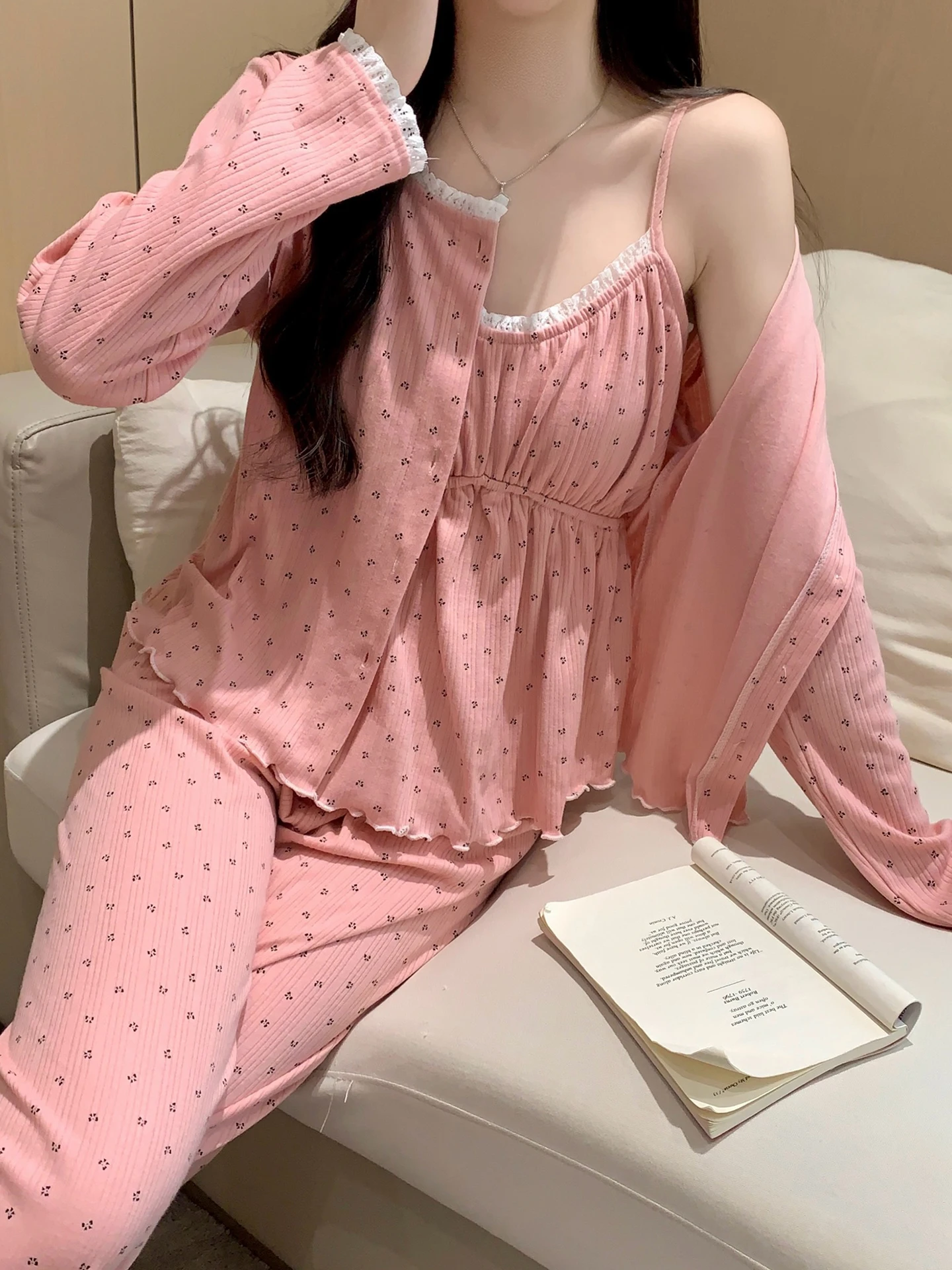 Women's Sleepwear Thin Cotton Padded Three-Piece Set Spring Autumn Winter Sexy Pure Desire Style Long Sleeve Long Pants Soft ...