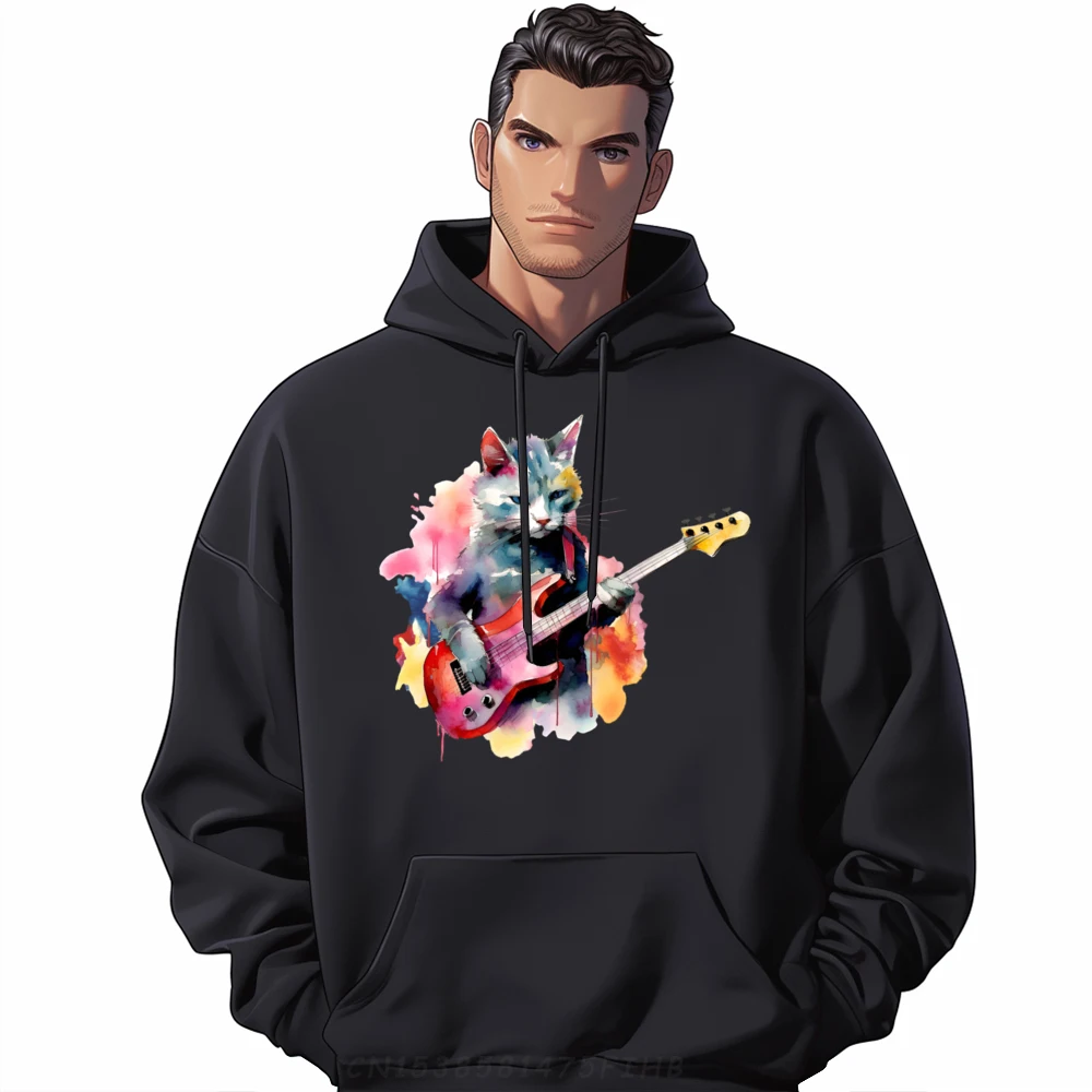 

Cat Playing Bass Guitar Watercolor Graphic Design Graphic Sweatshirts Men Oversize Man Geek