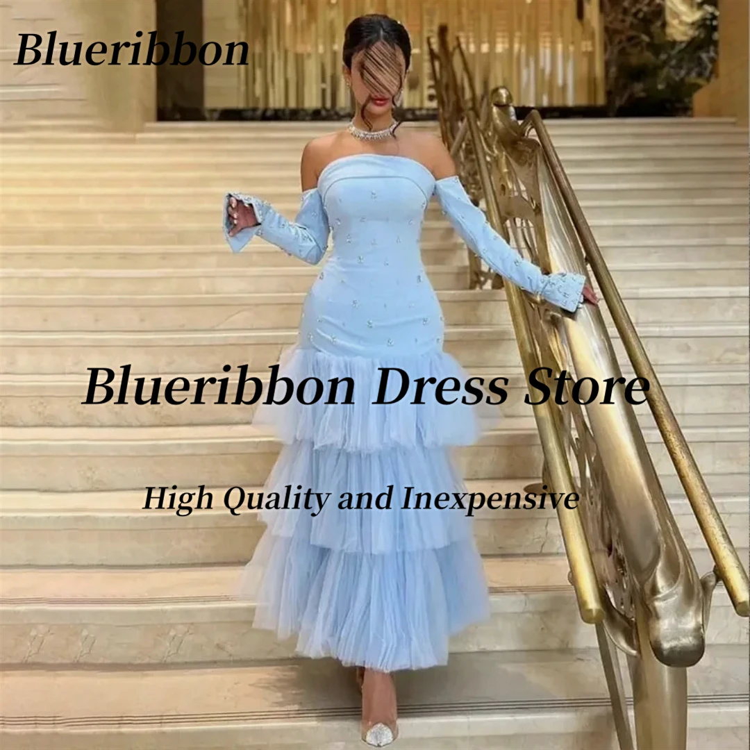 

Blueribbon Tiered Tulle Mermaid Prom Dresses Long Sleeves Strapless Beaded Luxury Birthday Party Saudi Arabia Formal Gowns