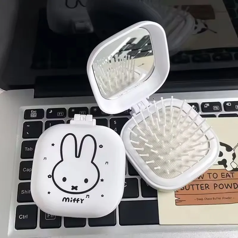 New and Adorable Folding Comb with Air Cushion and Mirror 2 in 1 by Miffy Bunny, Mini Compact Portable Cartoon Comb for Students