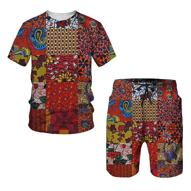 Conjunto de camiseta e shorts africanos estampados em 3D para homens, camiseta extragrande, calça manga curta, roupas masculinas, roupas da moda,