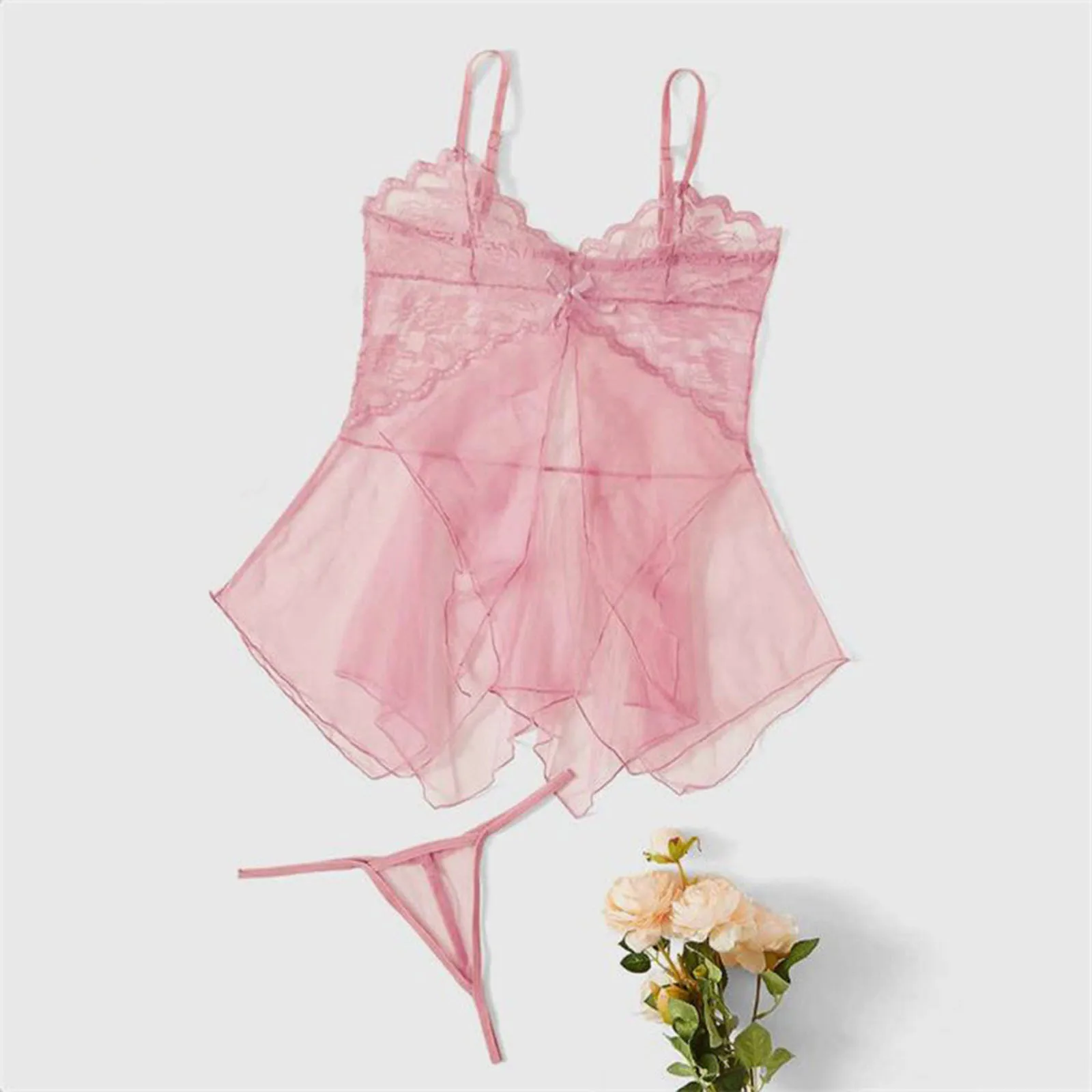 Babydoll in pizzo trasparente a rete con set perizoma Set da donna in tulle con vestaglia Babydoll Intimo Costumi erotici trasparenti Lenceria