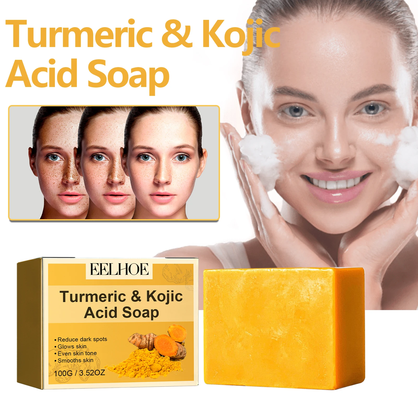 Turmeric Kojic Acid Cleansing Soap Whitening Fade Spots Remove Blackheads Improve Dry&Dull Moisturize&Brighten Face Care Product