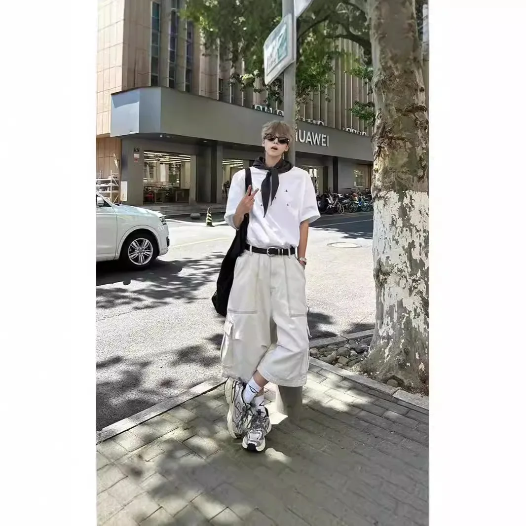 

Белые шорты для лесозаготовок с большим карманом, мужские летние американские брюки для десантника, широкие укороченные брюки, прилив