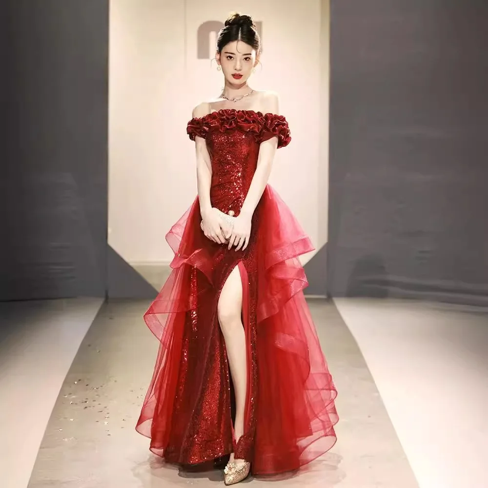 Zwarte One-schouder Avondjurken Luxe Pailletten Banket Slanke Taille Split Prom Dress Lovertjes Bruiloft Vestidos Aangepaste