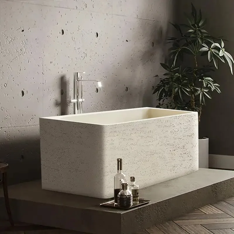 Artistic Freestanding Tub Cream Wabi-Sabi Square Bathtub Easy-Clean & Heat Retaining Custom Body Contour Design