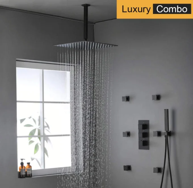 Matte Black Shower System Multi Rain Head, 16 Inch Ceiling Large Rainfall Square Faucet, 6 Pcs Full Body Spray Jets