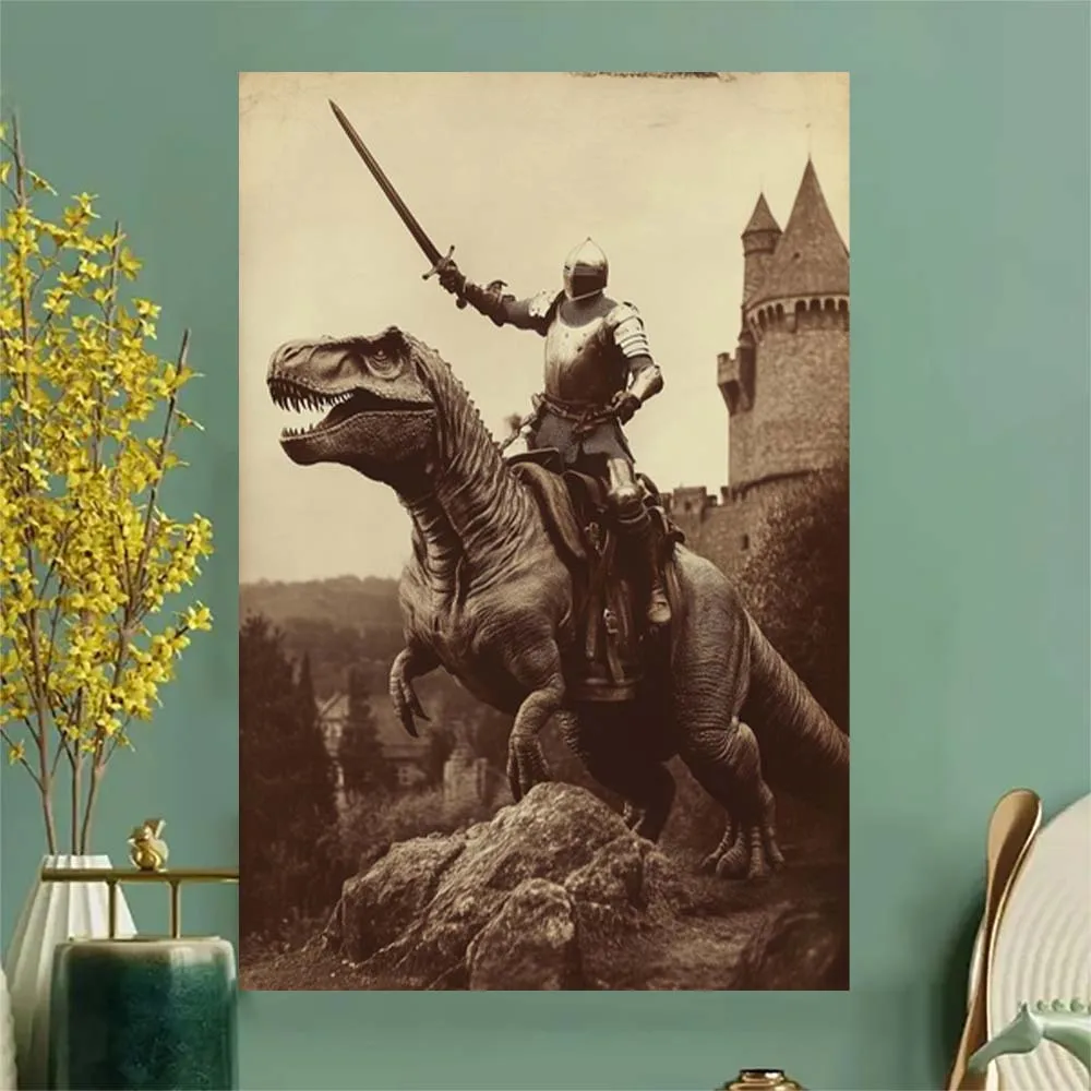 1 шт., рыцарь-динозавр, искусство, готический домашний декор, фэнтезийное искусство Юрского периода, безрамная картина на холсте, идеальный подарок для гостиной