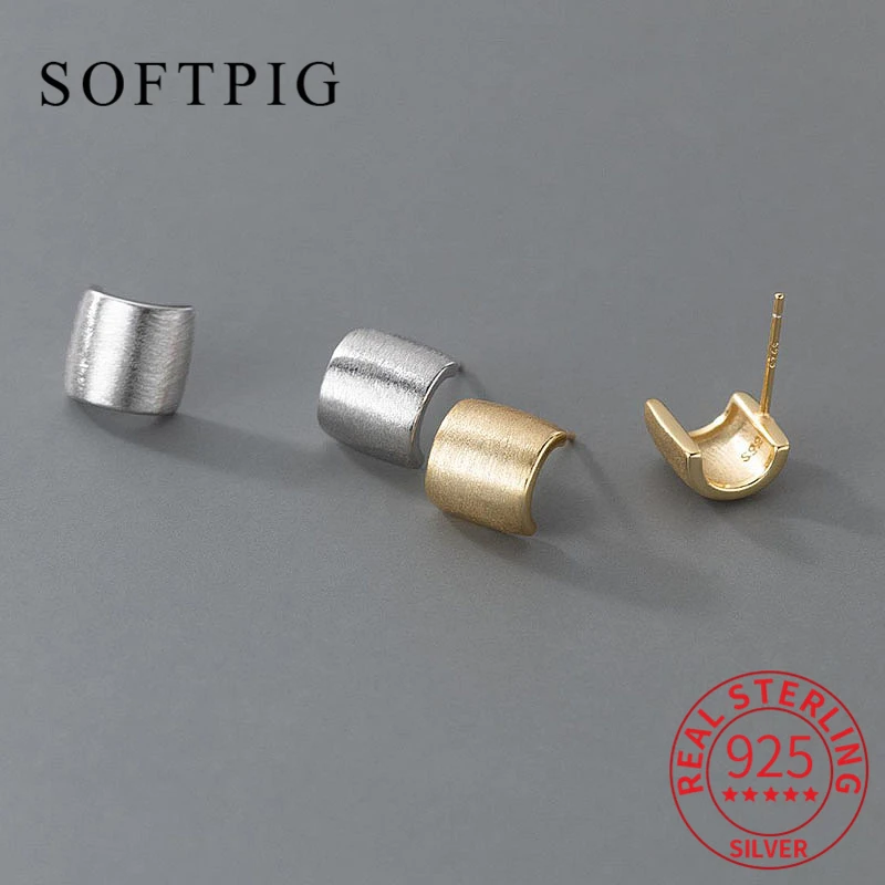 SOFTPIG Real 925 Sterling Silver Square Surface Wire Drawing Stud Earrings For Women TRENDY Fine Jewelry Minimalist Accessories