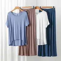 Summer Modal 2pcs homewear sets Loose O Neck T-shirt short sleeves and Wide leg pants Casual Thin sleepwear suit Plus size - Image 2