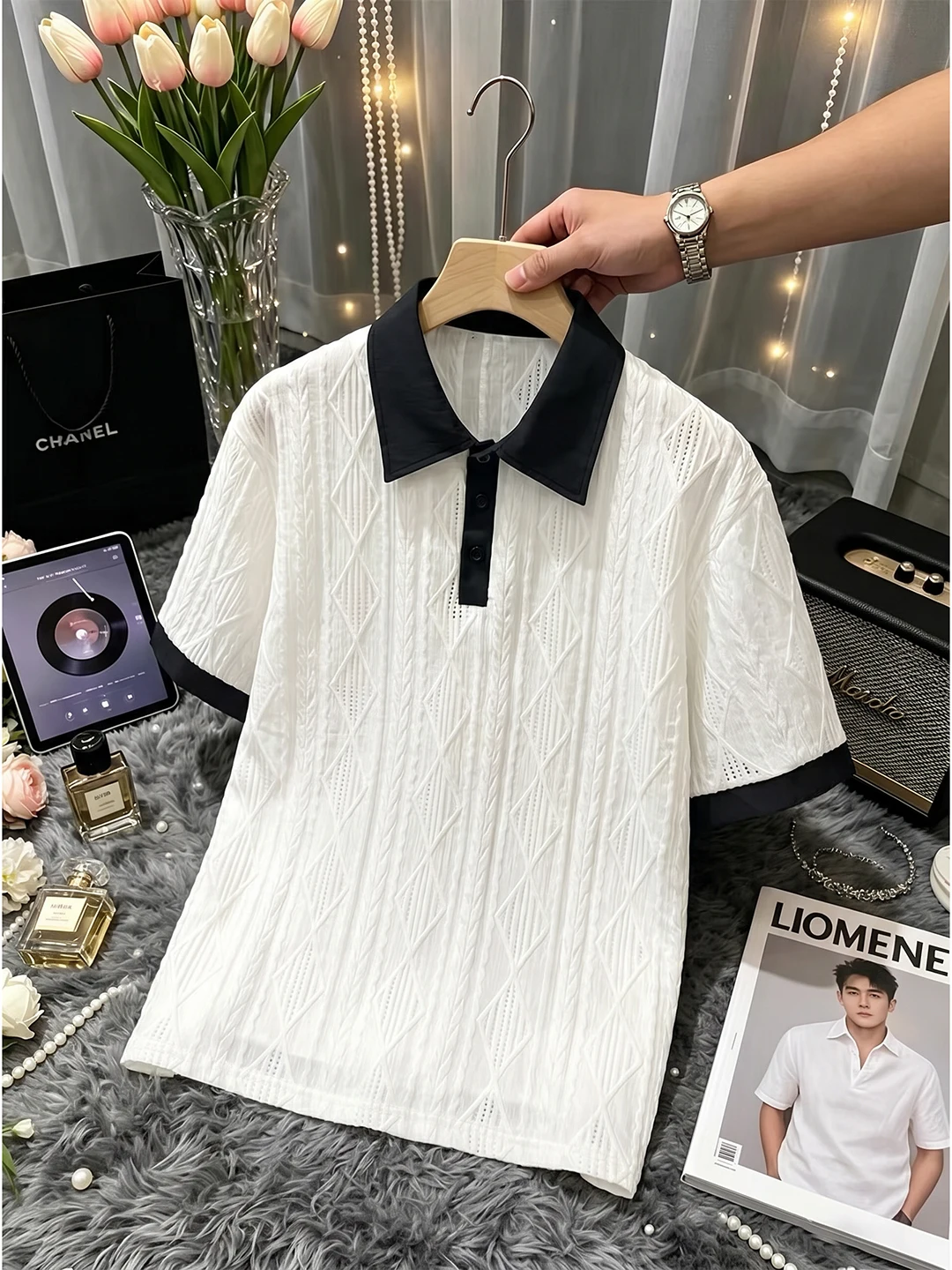 Men's  Shirt Breathable Mesh Lightweight Summer Short Sleeve Hollow out Flip Collar T-Shirt Casual Style Quick Dry Cool F...
