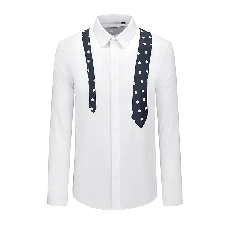High Quality Polka Dot Spliced Men's Shirt Long Sleeve Slim Fit Cotton Shirts Casual Business Formal Dress Shirts Men Clothing