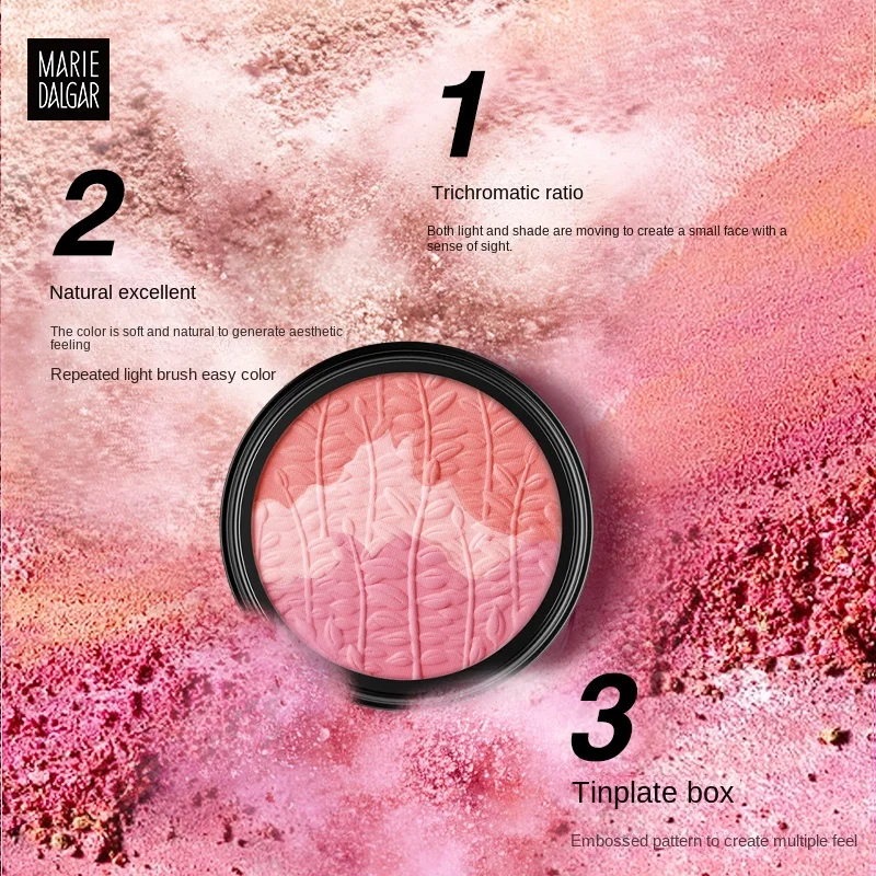 Fard à joues Rouge en poudre trois couleurs, bouffée de poudre, maquillage naturel Nude et plaque de réparation du visage, Blush sans cruauté, finition mate