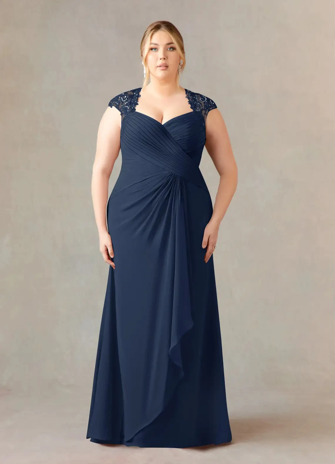 

Customized Navy Blue Mother Of The Bride Dress Plus size Cap Sleeve Long Brides Elegant Mother Dresses For Weddings YMD25