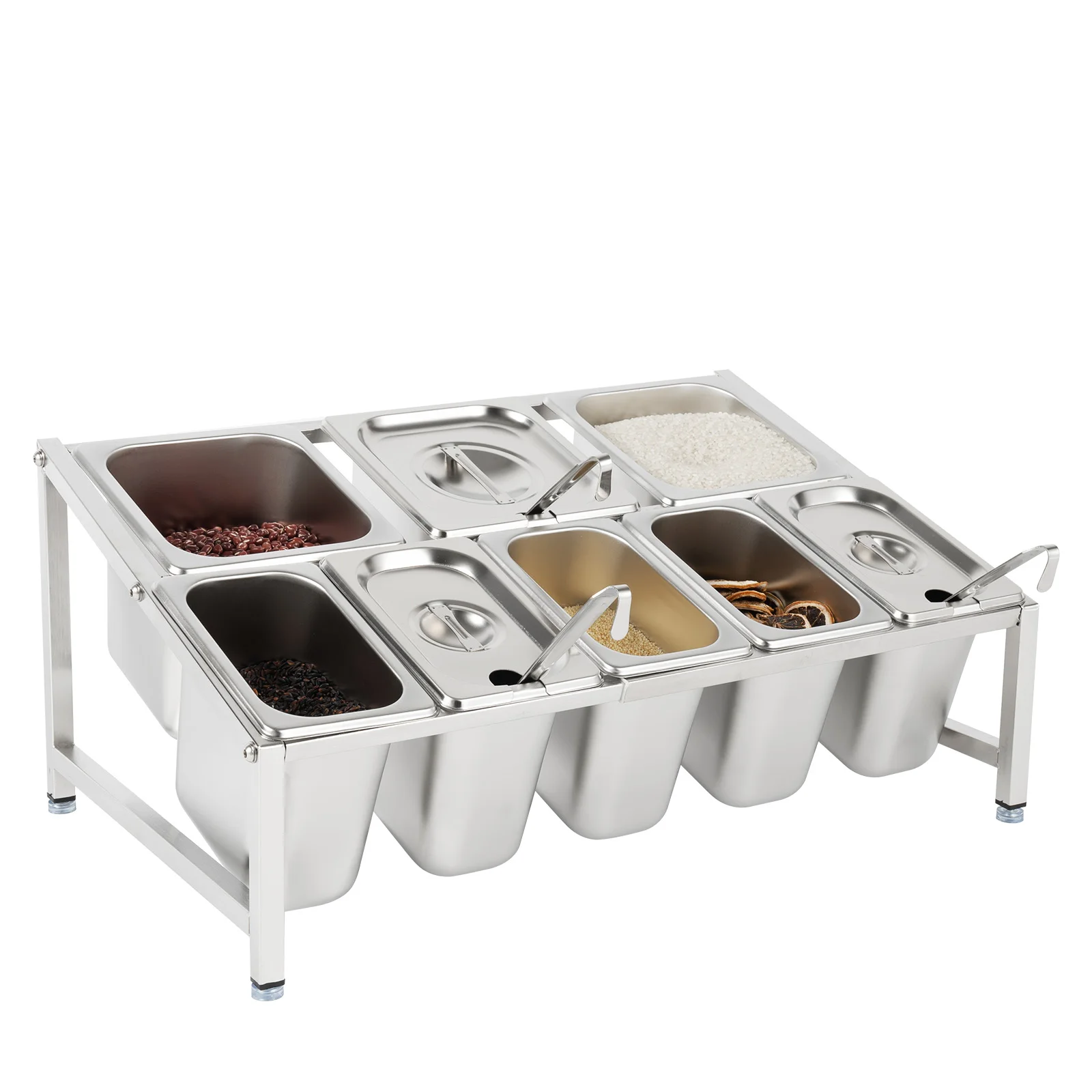 

Expandable 2 Tiers Silver Spice Rack Stainless Steel Seasoning Organizer with 5X 1/9 Pans+3X 1/6 Pans