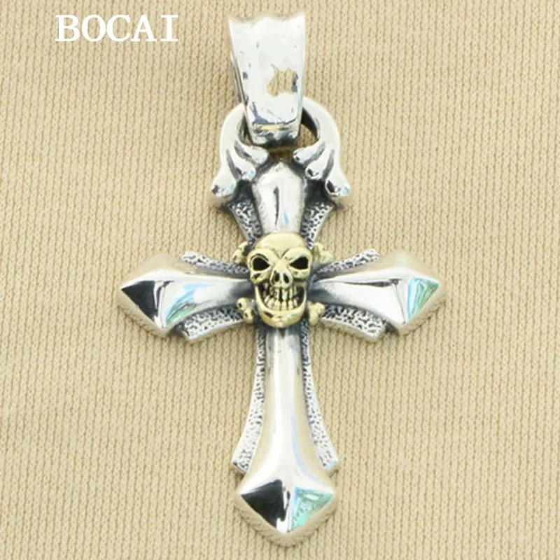 

BOCAI NEW S925 Sterling Silver Vintage Punk Skull Cross Pendant Gift for Men and Women